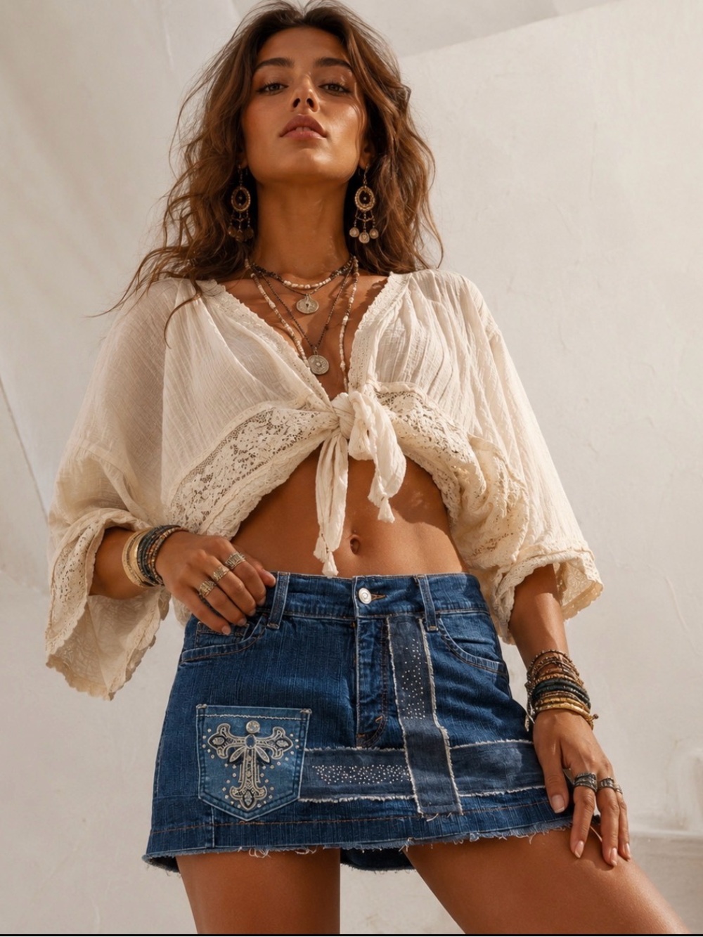 Upcycled Levi’s Denim Mini Skirt Rhinestone Cross Boho One of a Kind Y2K Size 12 - Picture 6 of 14